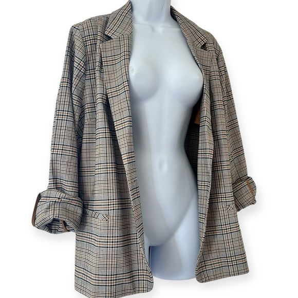 J JILL Jacket Blazer Houndstooth Plaid Tan Navy Oversized Trendy Size L NWT - Picture 3 of 14